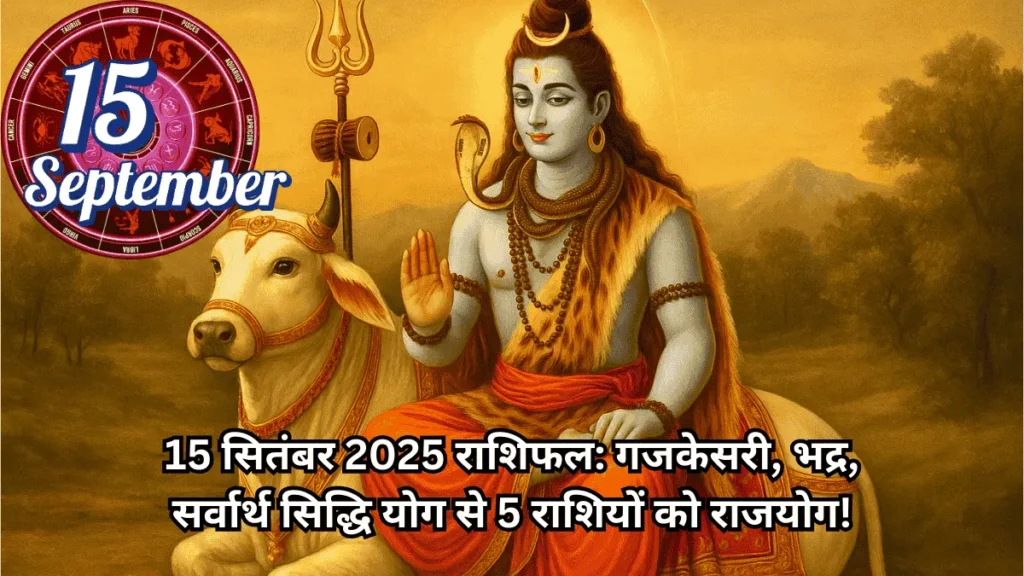 15 सितंबर 2025 राशिफल का थंबनेल, जिसमें भगवान शिव नंदी पर विराजमान हैं। इमेज पर लिखा है: गजकेसरी, भद्र, सर्वार्थ सिद्धि योग से 5 राशियों को राजयोग!