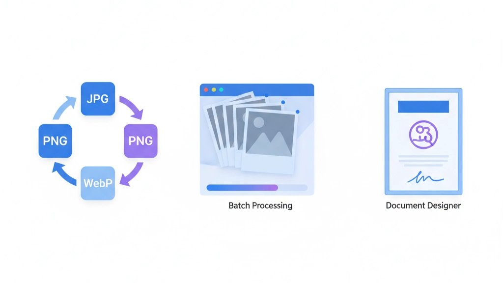 PicSeva tool showing WebP image converter, batch processing of multiple photos, and A4 document designer features