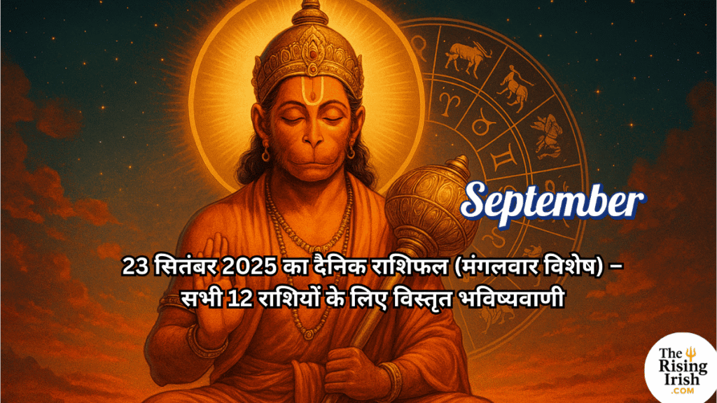 23 सितंबर 2025 राशिफल - मंगलवार के विशेष अवसर पर ध्यान मुद्रा में बैठे हनुमान जी और ज्योतिष चक्र।