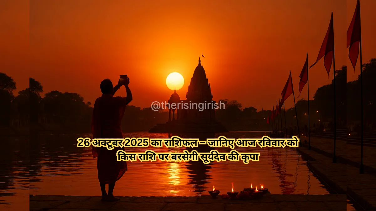 26 अक्टूबर 2025 का राशिफल - सूर्योदय के समय एक मंदिर के पास सूर्यदेव को जल अर्पित करते श्रद्धालु, रविवार की सुबह का दृश्य।