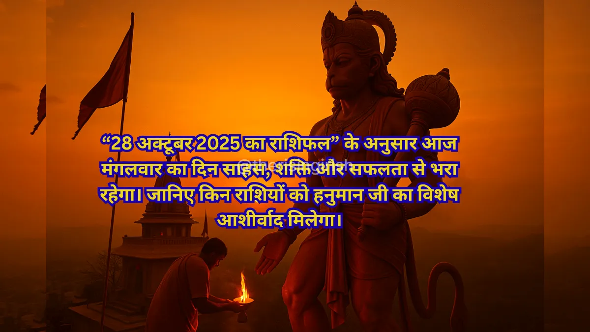 28 अक्टूबर 2025 का राशिफल - हनुमान मंदिर के पास भक्त द्वारा दीप प्रज्वलित करते हुए, मंगलवार को बजरंगबली की कृपा दर्शाती भव्य मूर्ति।