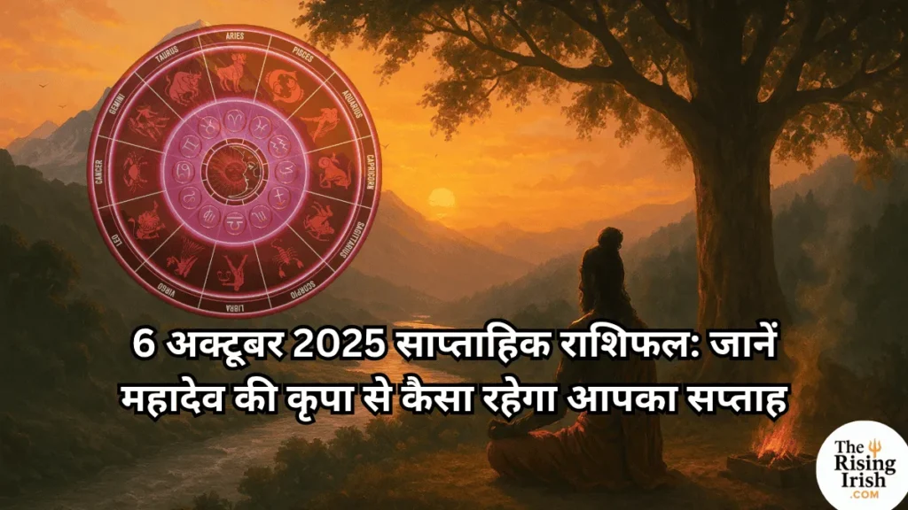 6 अक्टूबर 2025 साप्ताहिक राशिफल का बैनर जिसमें महादेव के साथ 12 राशियों का चक्र दिखाया गया है और सप्ताह का भविष्यफल बताया गया है।