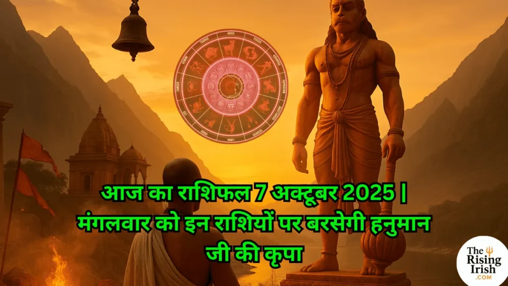 7 अक्टूबर 2025 राशिफल - मंगलवार के शुभ अवसर पर हनुमान जी की प्रतिमा और ज्योतिष चक्र की भक्तिमय छवि।