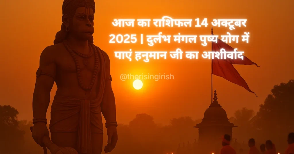 14 अक्टूबर 2025 राशिफल - दुर्लभ मंगल पुष्य योग के अवसर पर सूर्योदय के समय हनुमान जी की प्रतिमा।