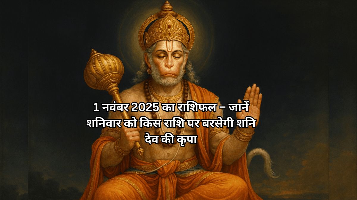 ध्यान मुद्रा में बैठे हनुमान जी की तस्वीर, जिस पर '1 नवंबर 2025 का राशिफल' लिखा है, जो शनिवार को शनि देव की कृपा को दर्शाती है।