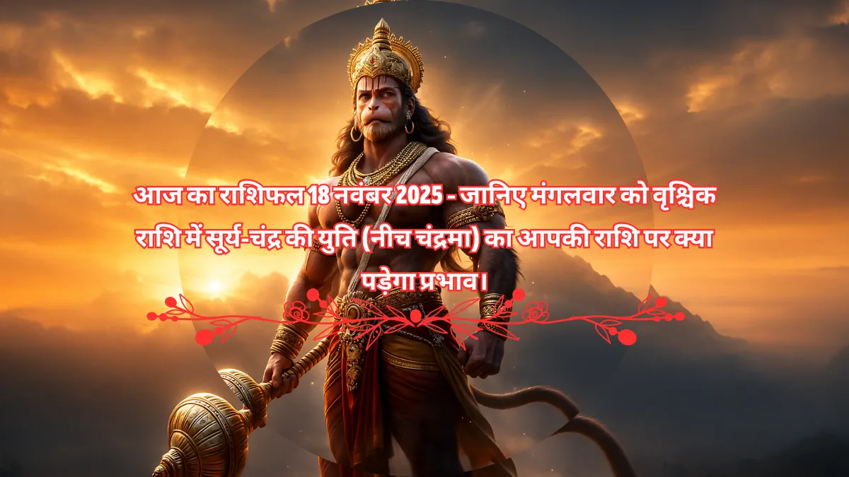 18 नवंबर राशिफल - भगवान हनुमान जी अपनी गदा के साथ शक्तिशाली मुद्रा में, जो मंगलवार और वृश्चिक राशि में सूर्य-चंद्र युति के प्रभाव को दर्शाते हैं।