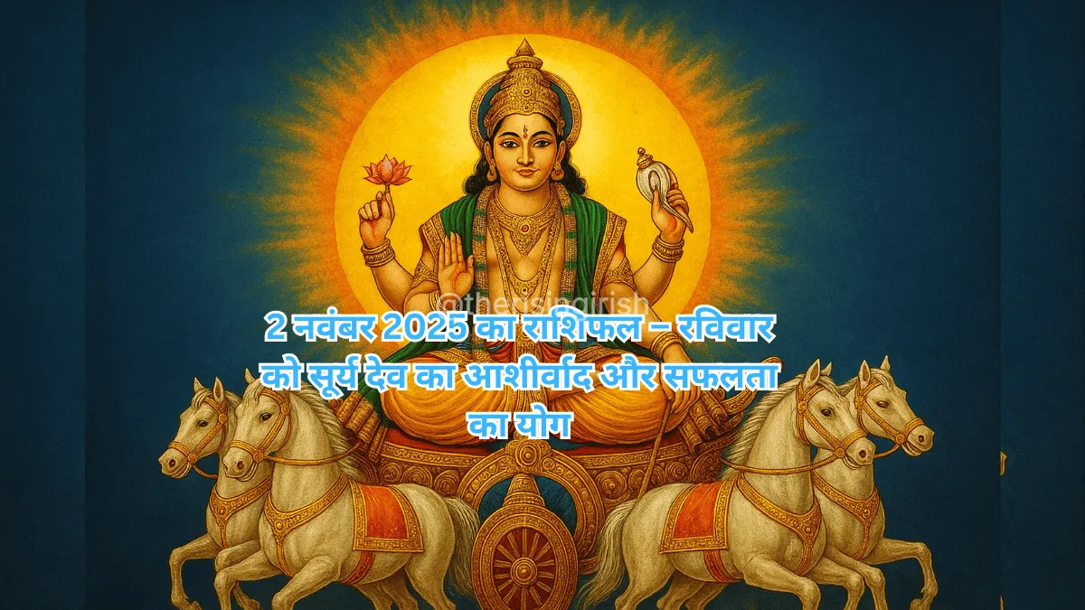 2 नवंबर 2025 का राशिफल - सूर्य देव अपने सात घोड़ों वाले रथ पर विराजमान आशीर्वाद दे रहे हैं, जो आज के दिन की सफलता का प्रतीक है।