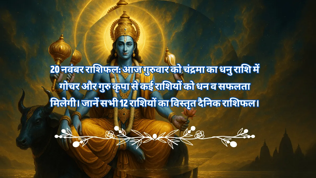 20 नवंबर राशिफल - भगवान विष्णु आशीर्वाद मुद्रा में, गुरुवार का राशिफल और धनु राशि में चंद्रमा का प्रभाव दर्शाते हुए।