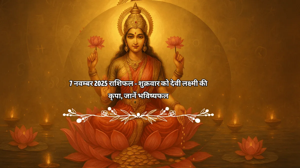 7 नवम्बर 2025 राशिफल - देवी लक्ष्मी कमल पर विराजमान, आशीर्वाद मुद्रा में, जो शुक्रवार और धन-समृद्धि के भविष्यफल का प्रतीक है।