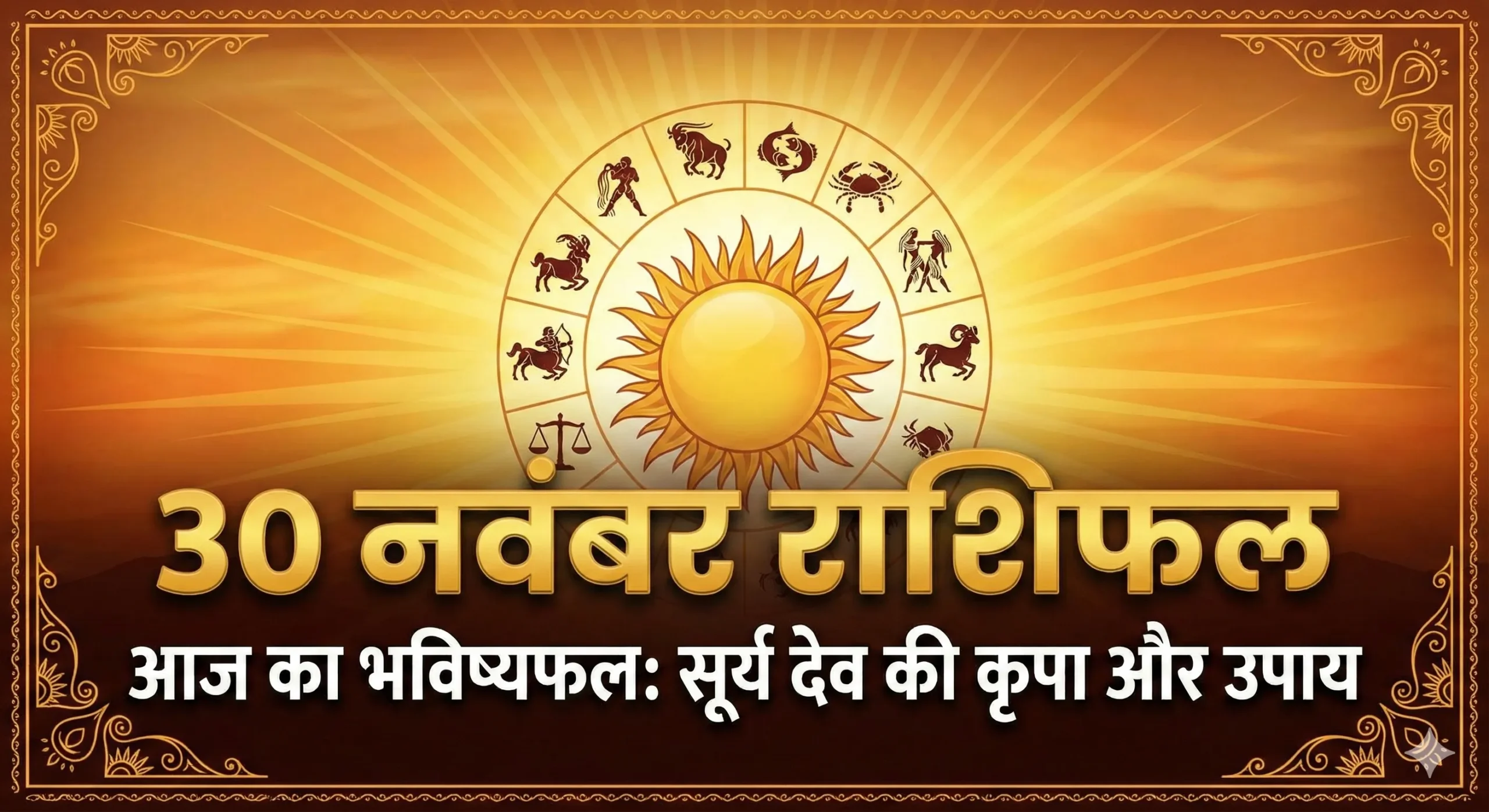 30 नवंबर राशिफल 2025 थंबनेल, सूर्य देव का प्रतीक और 12 राशियों का दैनिक भविष्यफल
