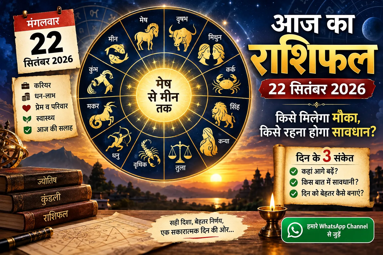 22 सितंबर 2026 का राशिफल मेष से मीन तक, मंगलवार का दैनिक राशिफल और आज के मुख्य संकेत