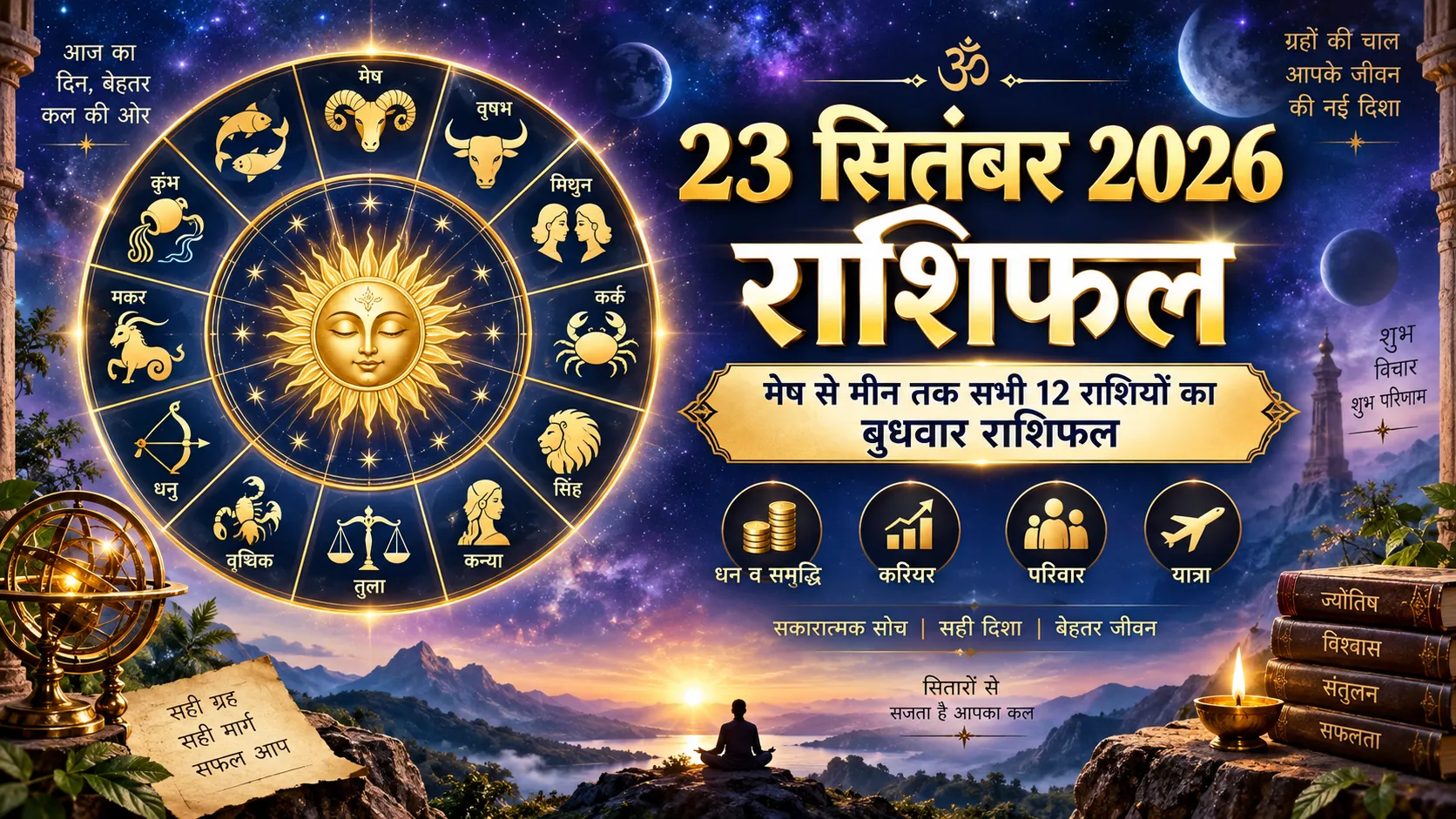 23 सितंबर 2026 का राशिफल मेष से मीन तक सभी 12 राशियों के लिए दर्शाती ज्योतिषीय