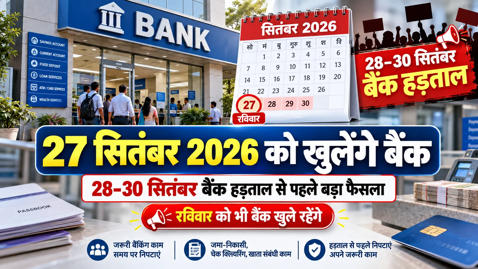 27 सितंबर 2026 रविवार को बैंक खुलेंगे और 28 से 30 सितंबर बैंक हड़ताल