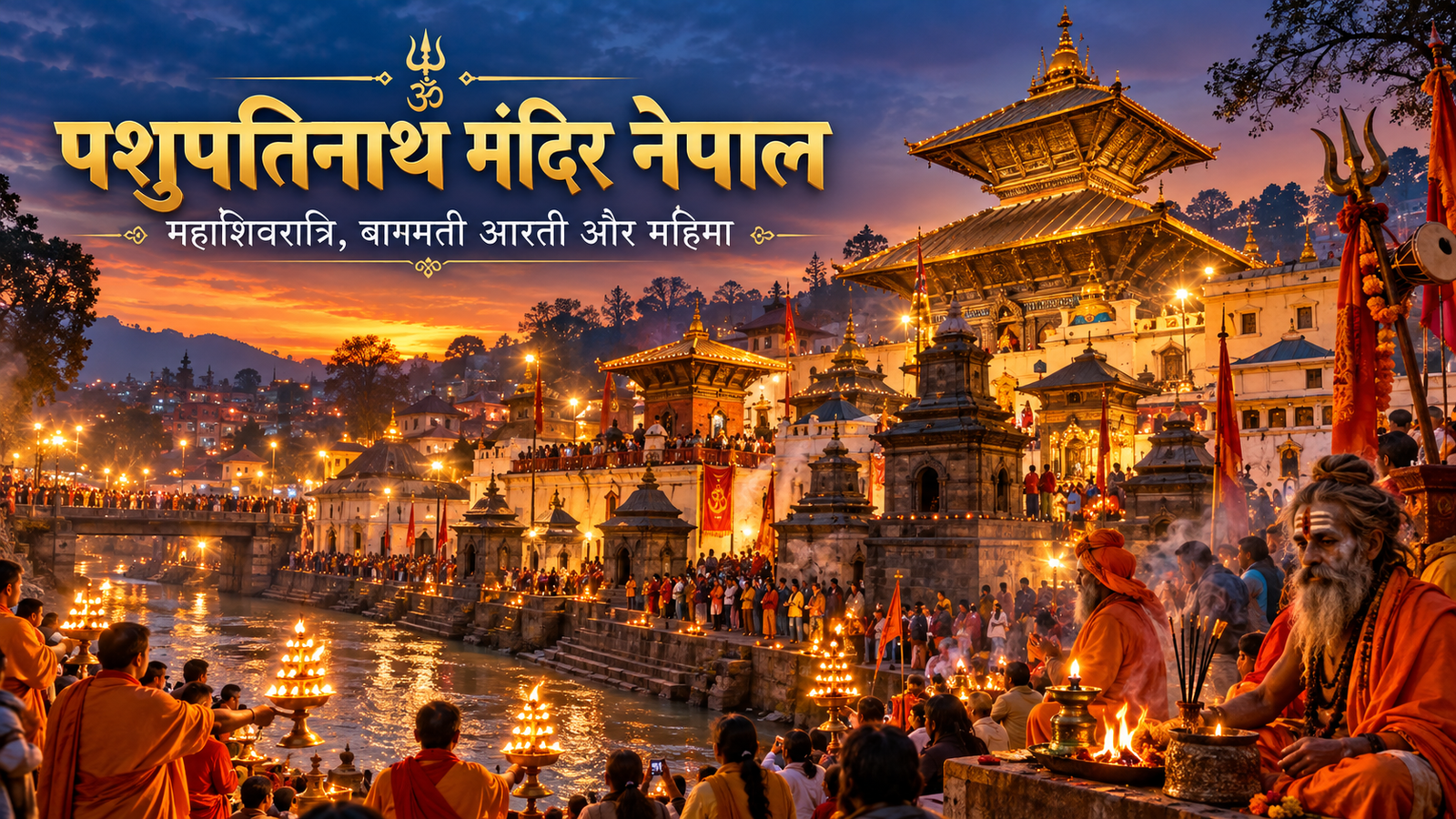 पशुपतिनाथ मंदिर नेपाल में बागमती नदी के किनारे महाशिवरात्रि और बागमती आरती का दृश्य