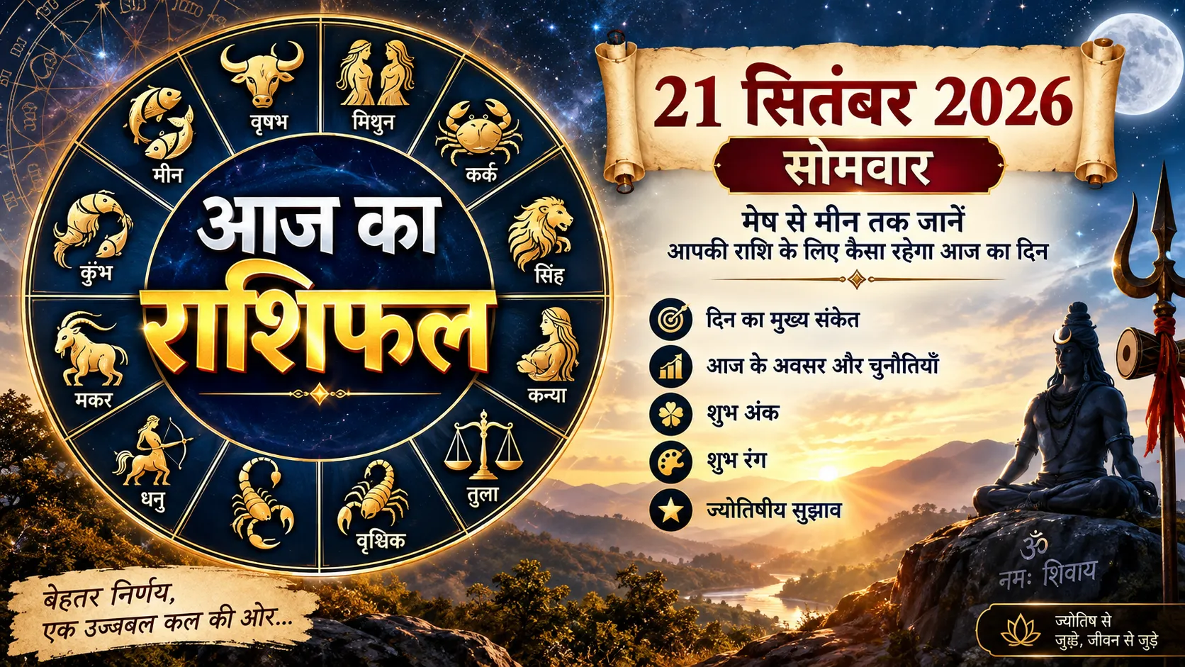 आज का राशिफल 21 सितंबर 2026 मेष से मीन सभी 12 राशियों का सोमवार राशिफल