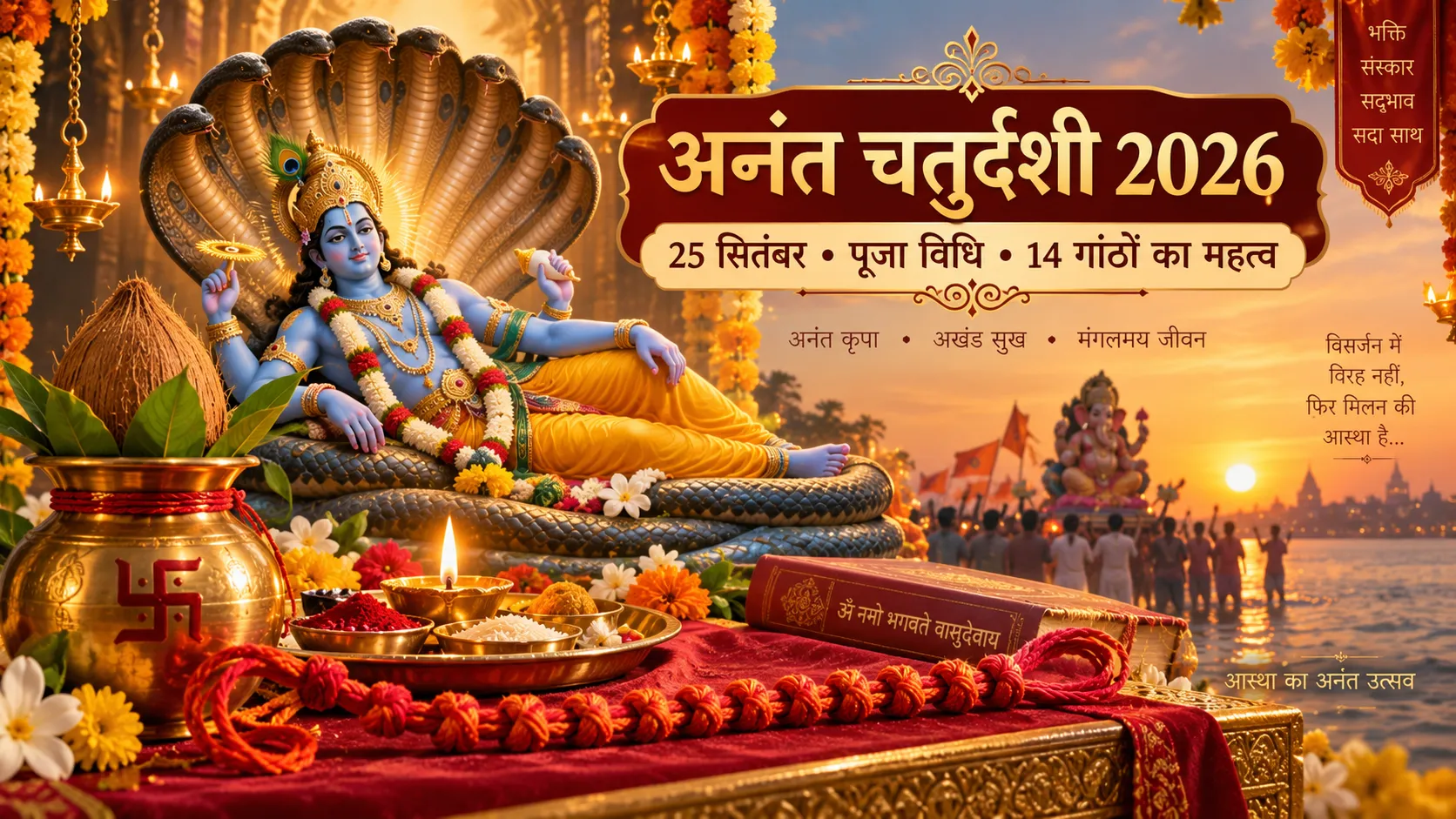 अनंत चतुर्दशी 2026, 25 सितंबर पूजा विधि, भगवान विष्णु, 14 गांठों वाला अनंत सूत्र और गणेश विसर्जन