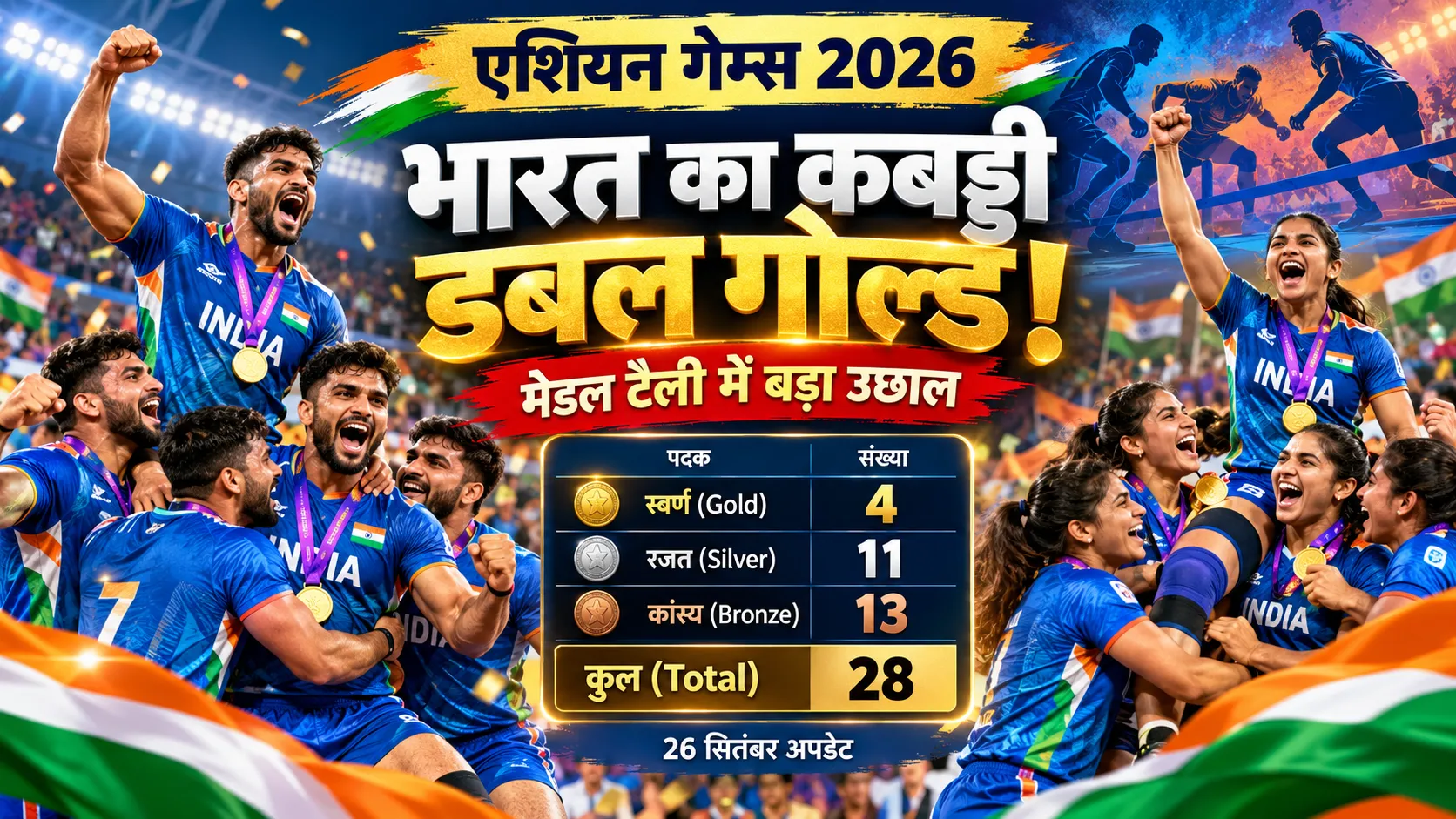 Asian Games 2026 India medal tally Kabaddi Double Gold 26 September 2026