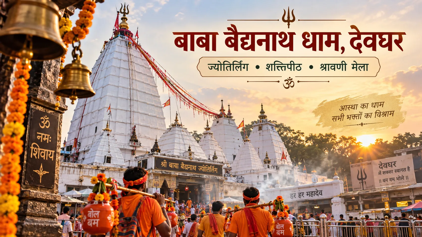 बाबा बैद्यनाथ धाम देवघर का मंदिर, कांवड़ यात्री और श्रावणी मेले का दृश्य
