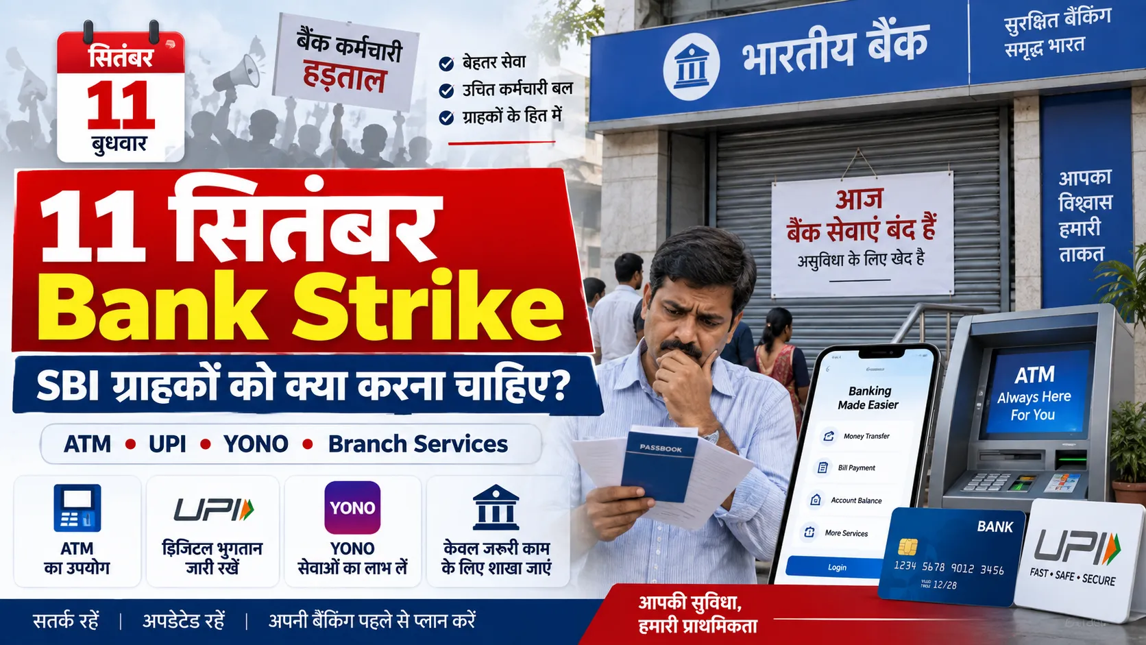11 सितंबर 2026 Bank Strike में SBI ग्राहकों के लिए ATM, UPI, YONO और branch services की जानकारी