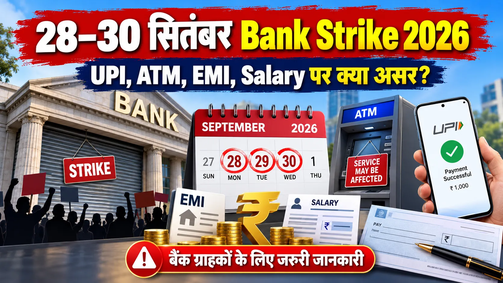 28 से 30 सितंबर 2026 बैंक हड़ताल में UPI ATM EMI Salary और Cheque services पर असर
