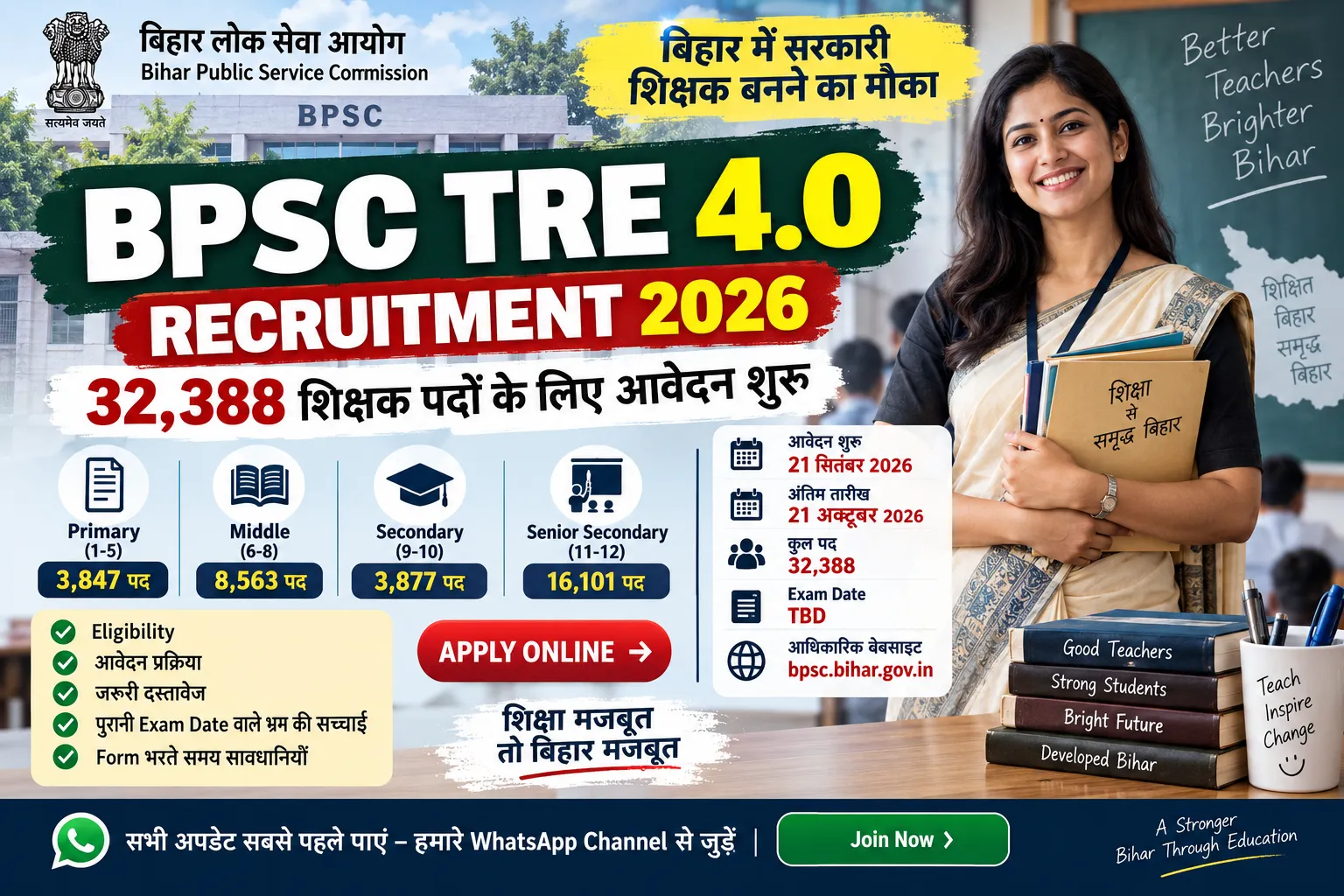 BPSC TRE 4.0 Recruitment 2026 में 32,388 शिक्षक पदों के लिए आवेदन शुरू
