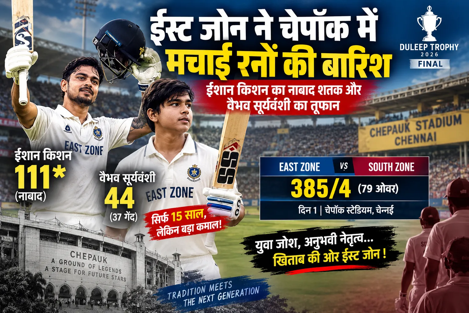 ईस्ट जोन बनाम साउथ जोन दलीप ट्रॉफी 2026 में ईशान किशन के नाबाद 111 रन और वैभव सूर्यवंशी की 44 रन की पारी