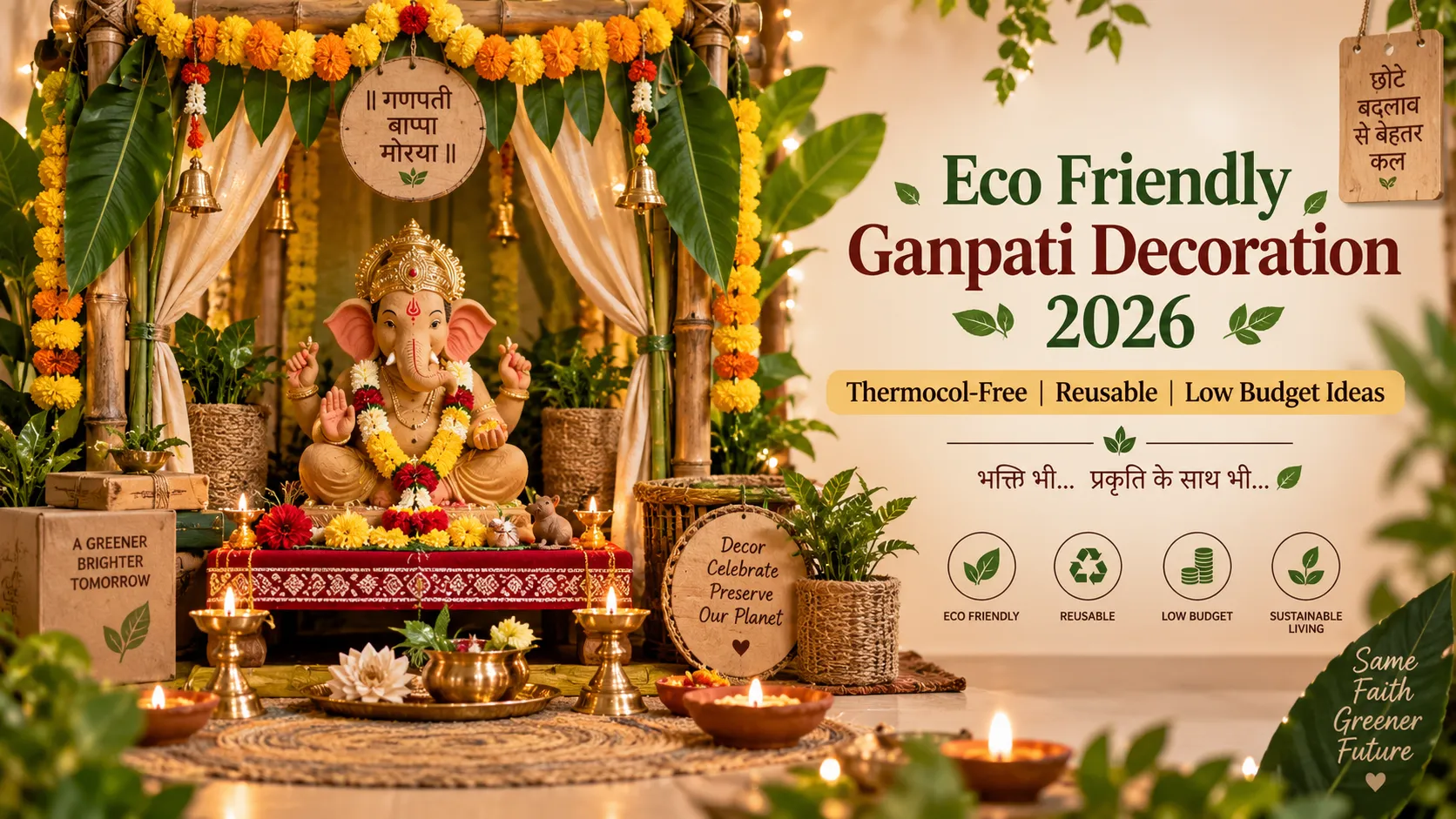 Eco Friendly Ganpati Decoration 2026 with thermocol-free mandap, flowers, plants, clay diyas and reusable decor