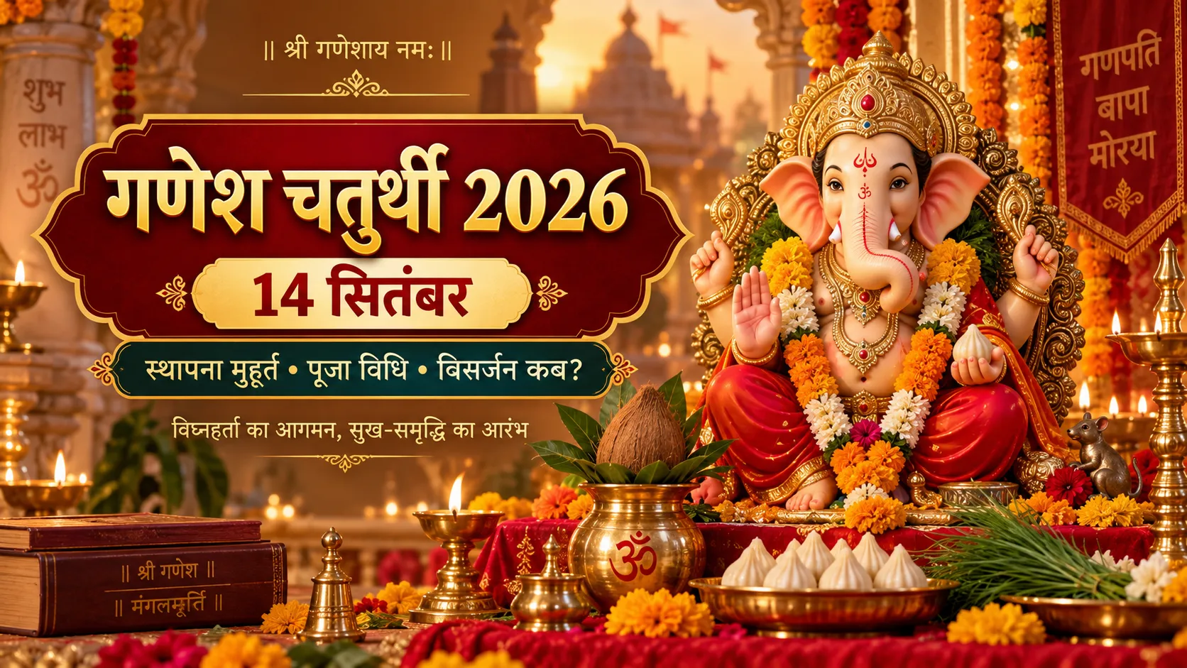 गणेश चतुर्थी 2026 की featured image जिसमें भगवान गणेश, 14 सितंबर, स्थापना मुहूर्त, पूजा विधि और विसर्जन की जानकारी दिखाई गई है
