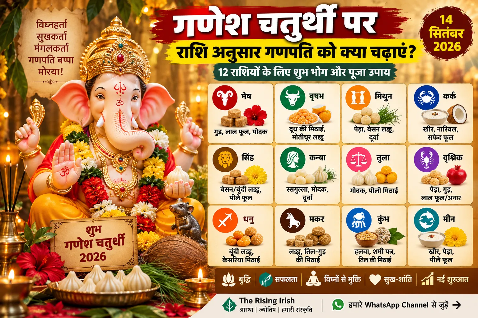 गणेश चतुर्थी 2026 पर राशि अनुसार गणपति को क्या चढ़ाएं, 12 राशियों के शुभ भोग और पूजा उपाय