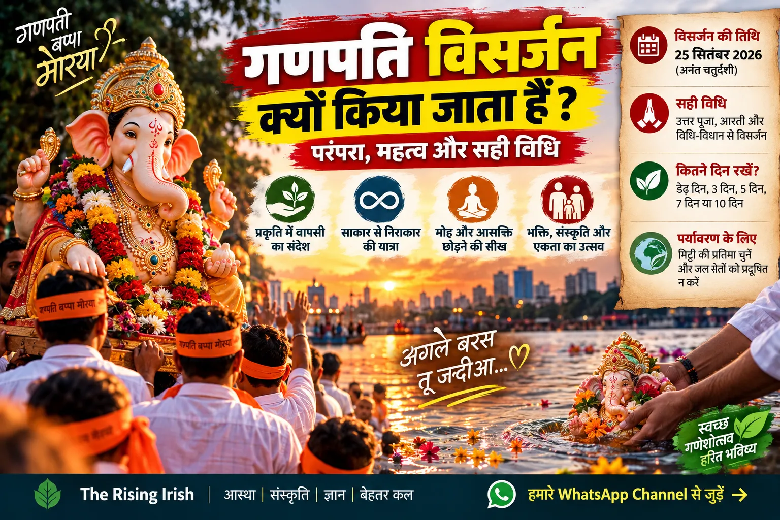गणपति विसर्जन क्यों किया जाता है, Ganpati Visarjan 2026 की परंपरा, महत्व, सही विधि और eco friendly विसर्जन