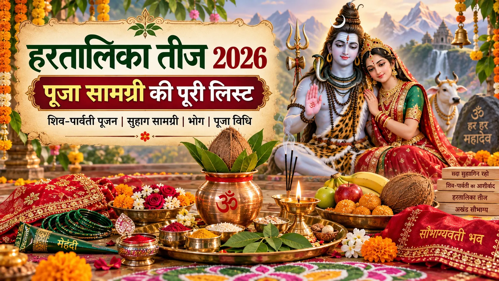 Hartalika Teej Puja Samagri 2026 with Shiv Parvati, puja thali, suhaag samagri and bhog