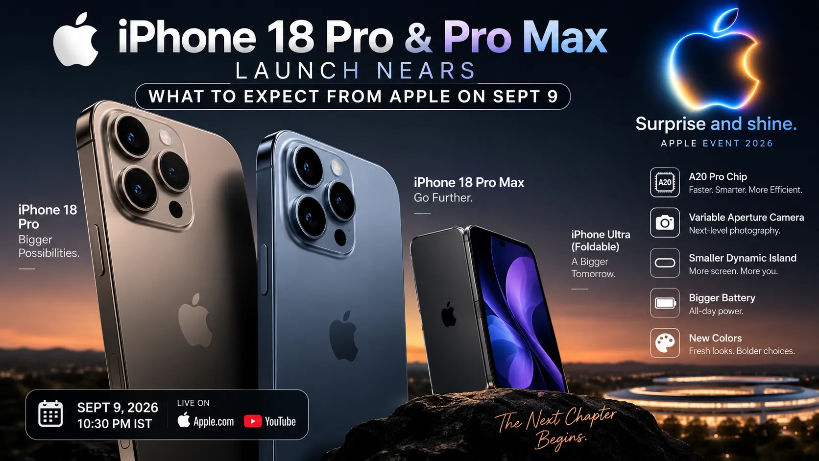 iPhone 18 Pro और Pro Max के संभावित लॉन्च, फीचर्स और Apple Event 9 सितंबर 2026 की जानकारी