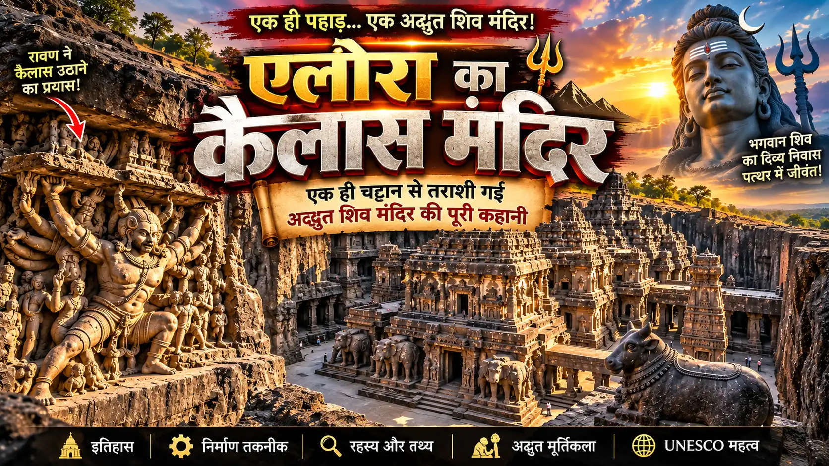 एलोरा का कैलास मंदिर एक ही चट्टान को काटकर बनाया गया भगवान शिव का प्राचीन मंदिर