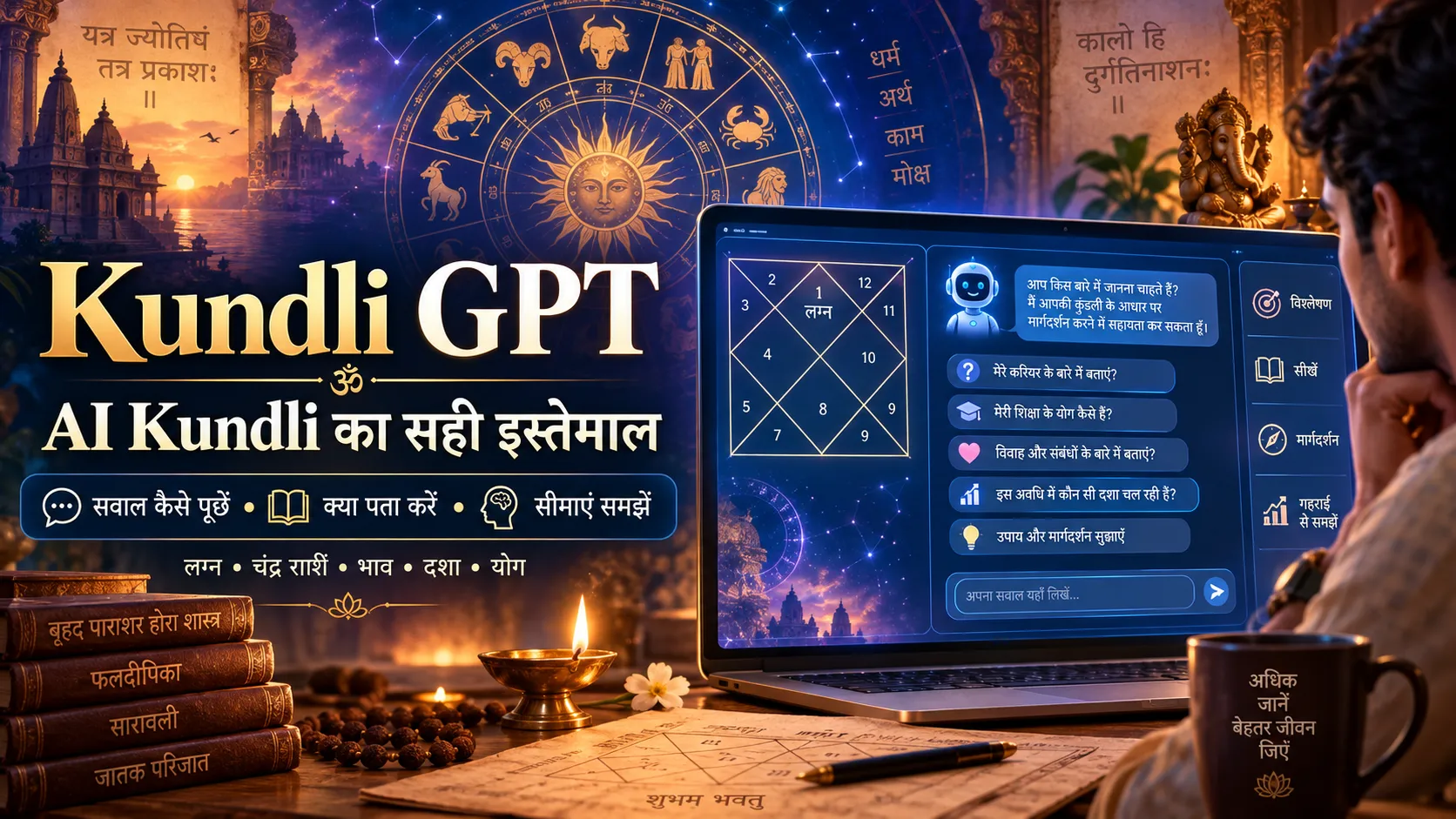 Kundli GPT featured image जिसमें AI Kundli, जन्म कुंडली चार्ट, ज्योतिष सवाल और सही इस्तेमाल दिखाया गया है
