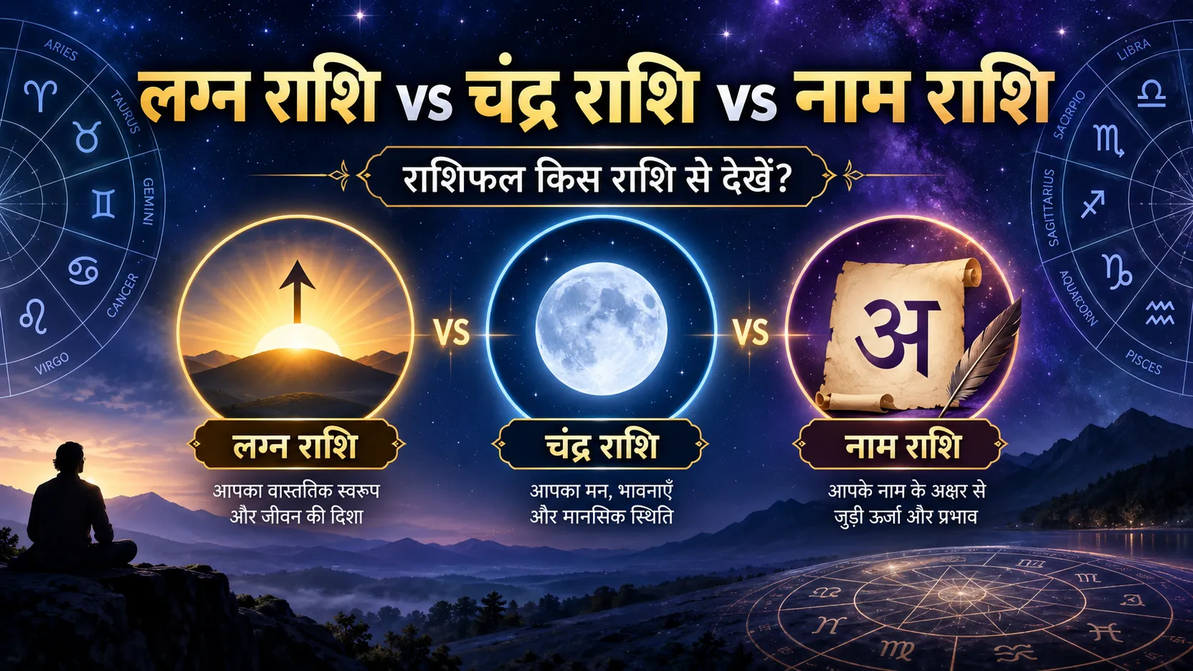 लग्न राशि vs चंद्र राशि vs नाम राशि में अंतर और राशिफल किस राशि से देखें