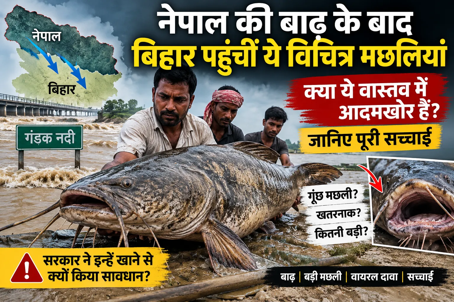 नेपाल की बाढ़ के बाद बिहार में मिली बड़ी विचित्र मछली