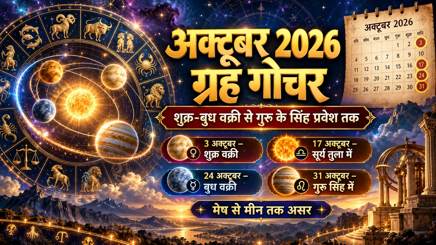 अक्टूबर 2026 ग्रह गोचर में शुक्र वक्री, बुध वक्री, सूर्य तुला और गुरु सिंह प्रवेश