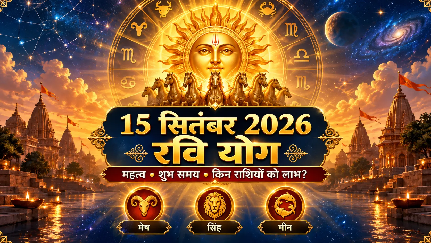 15 सितंबर 2026 के रवि योग में सूर्य, राशि चक्र और मेष, सिंह, मीन राशियों को दर्शाती ज्योतिषीय featured image