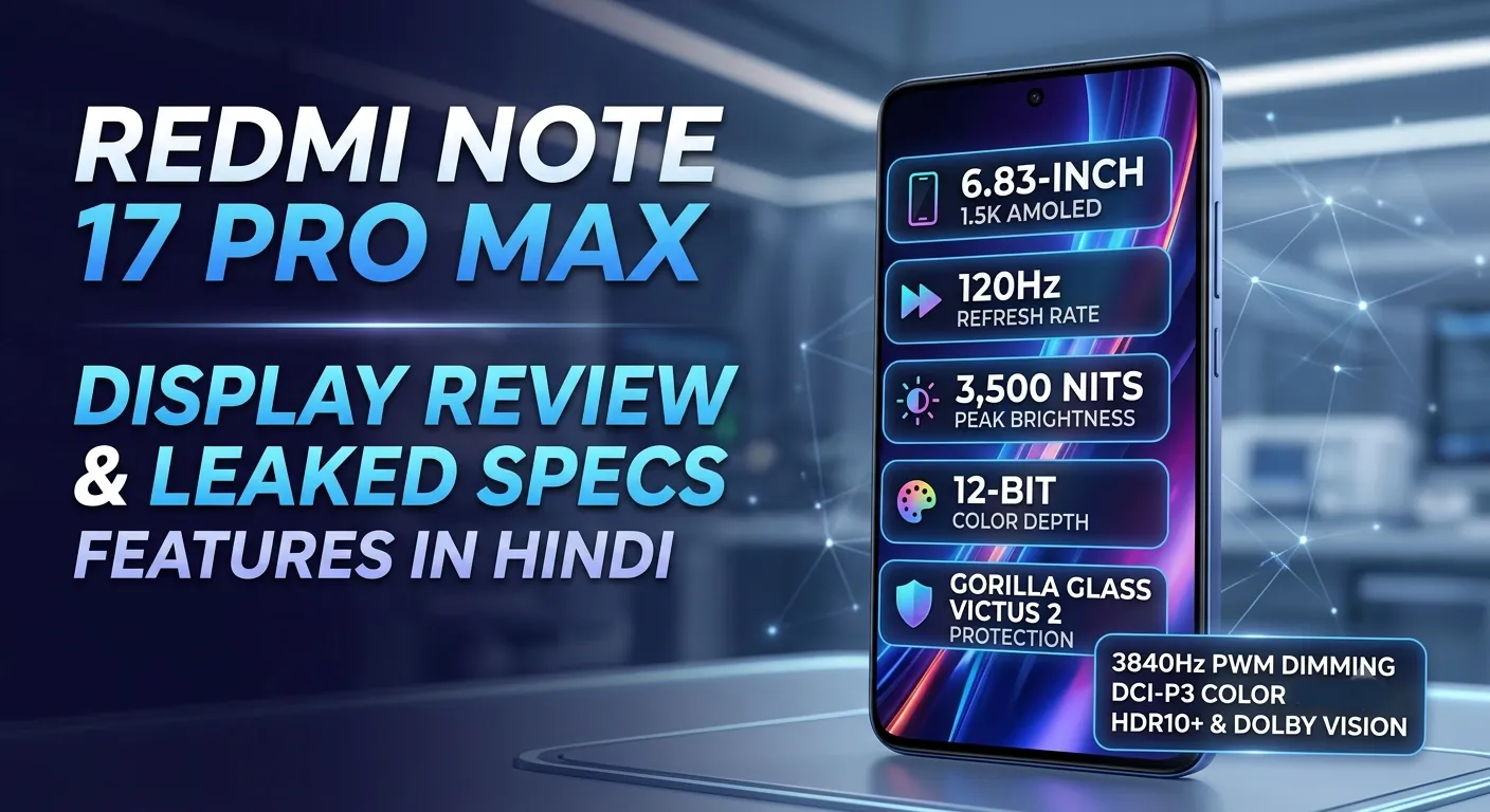 Redmi Note 17 Pro Max 6.83-inch AMOLED display with 3500 nits brightness, 120Hz refresh rate, and Gorilla Glass Victus 2 in Hindi