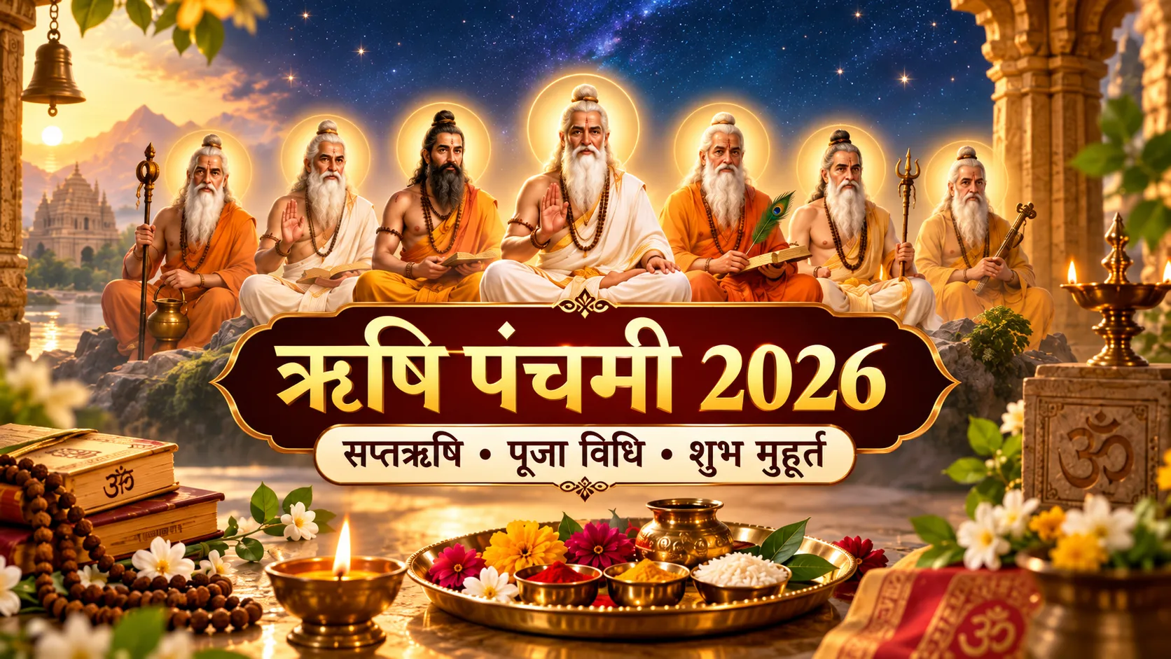 ऋषि पंचमी 2026 पर सप्तऋषियों की पूजा, पूजा विधि और शुभ मुहूर्त दर्शाती धार्मिक