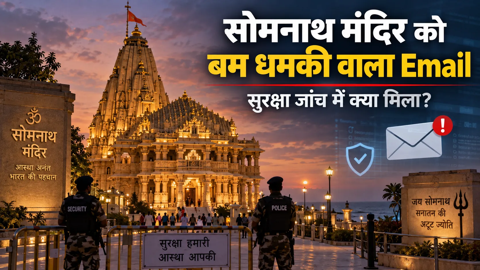 सोमनाथ मंदिर को बम धमकी वाला ईमेल मिलने के बाद सुरक्षा जांच और पुलिस अलर्ट को दर्शाती