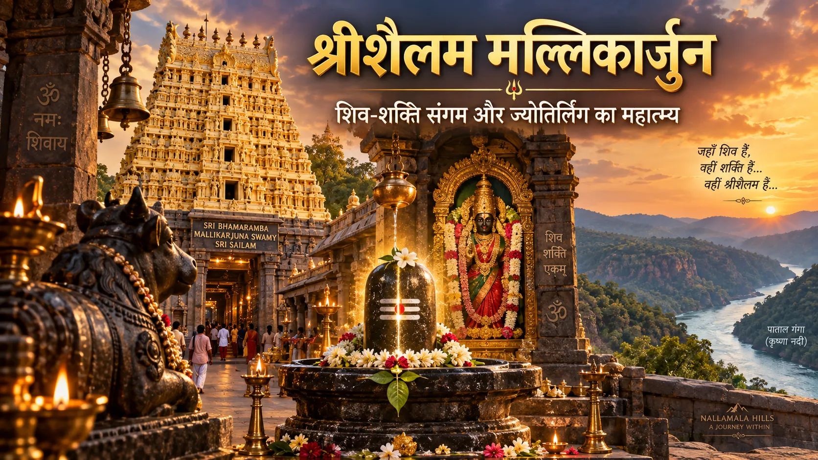 श्रीशैलम मल्लिकार्जुन ज्योतिर्लिंग मंदिर, भ्रामराम्बा शक्तिपीठ, नल्लमाला पहाड़ियां और कृष्णा नदी का दृश्य