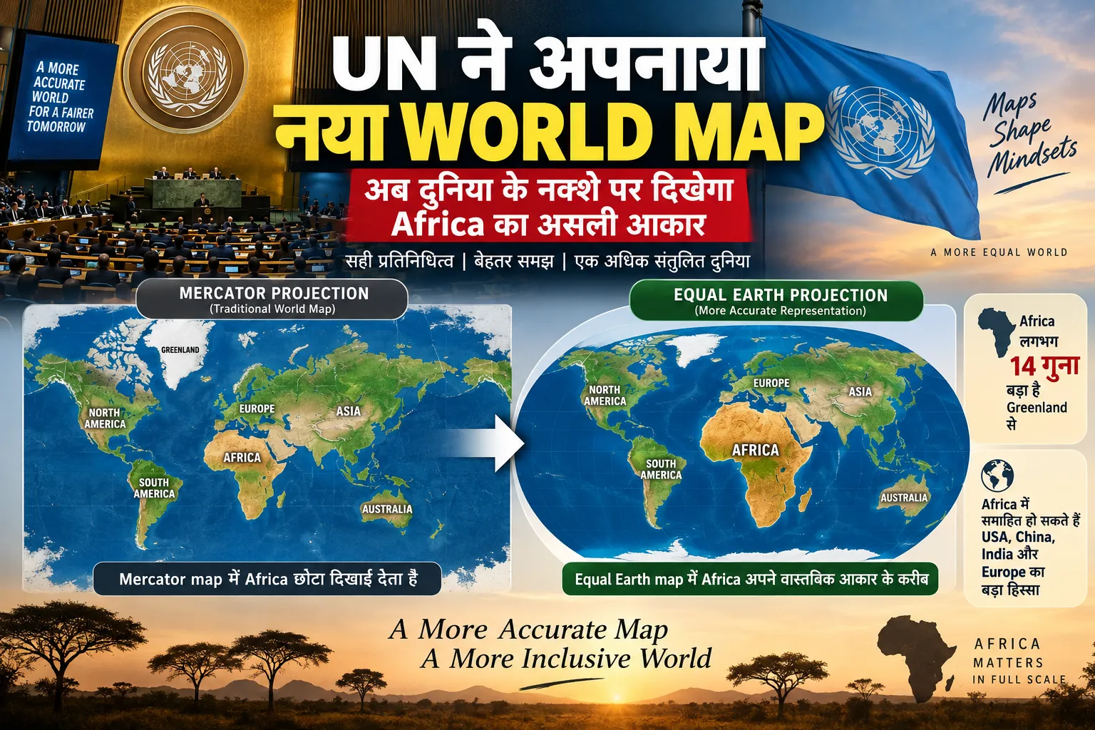 UN का नया World Map जिसमें Africa का वास्तविक आकार और Mercator व Equal Earth Map की तुलना दिखाई गई है