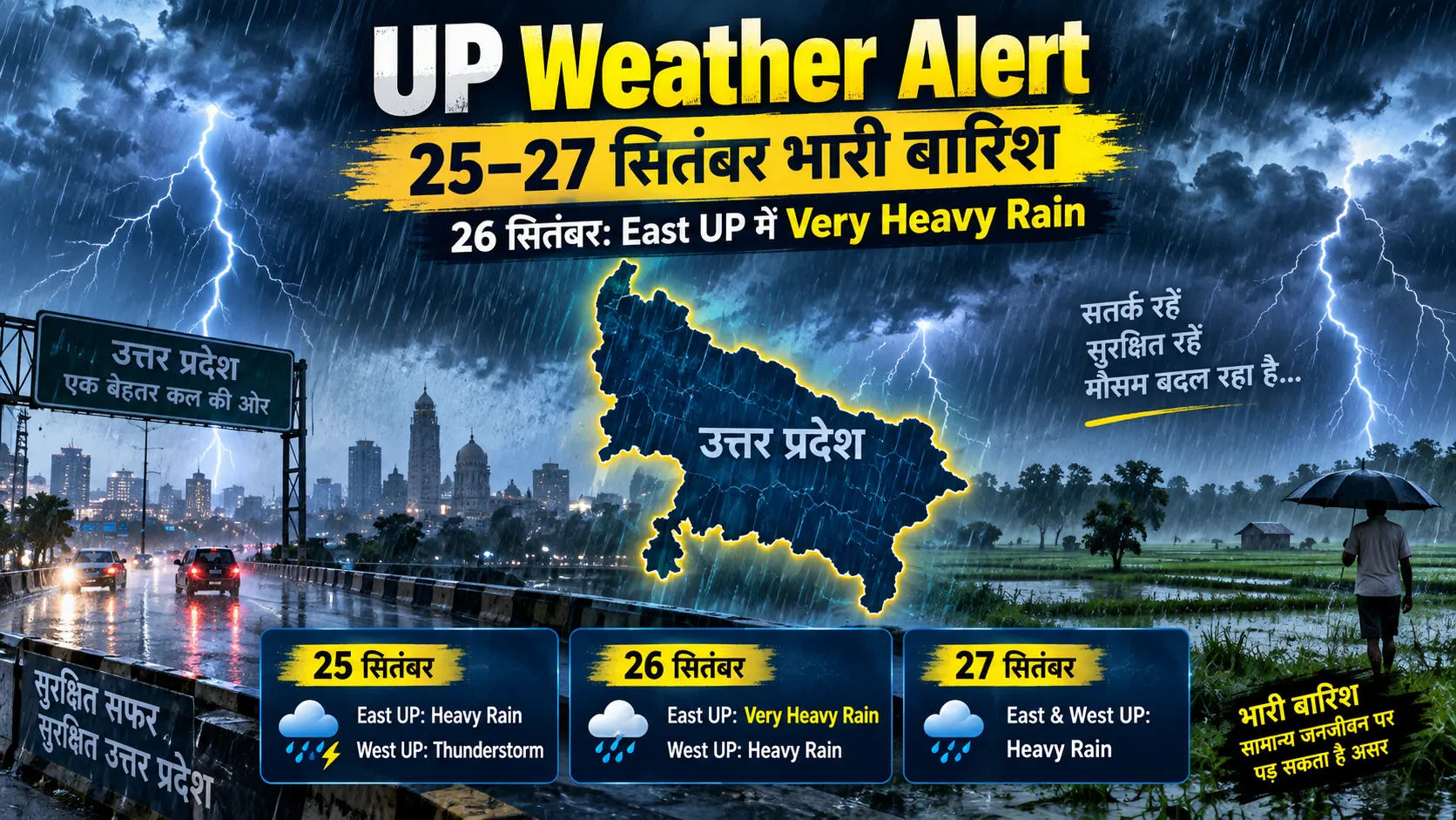 UP Weather Alert 25 से 27 सितंबर 2026 भारी बारिश, East UP में Very Heavy Rain और West UP में Heavy Rain की चेतावनी