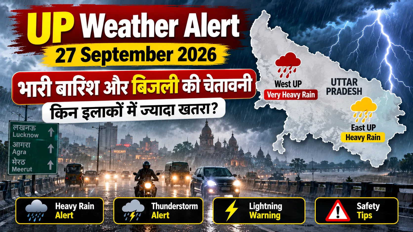 27 सितंबर 2026 उत्तर प्रदेश मौसम अलर्ट, West UP में very heavy rain और East UP में heavy rain की चेतावनी