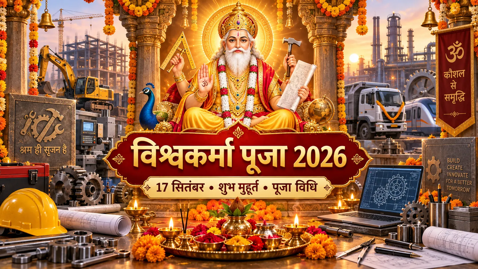विश्वकर्मा पूजा 2026 पर भगवान विश्वकर्मा, औजार, मशीनें, पूजा सामग्री और 17 सितंबर का शुभ मुहूर्त दर्शाती