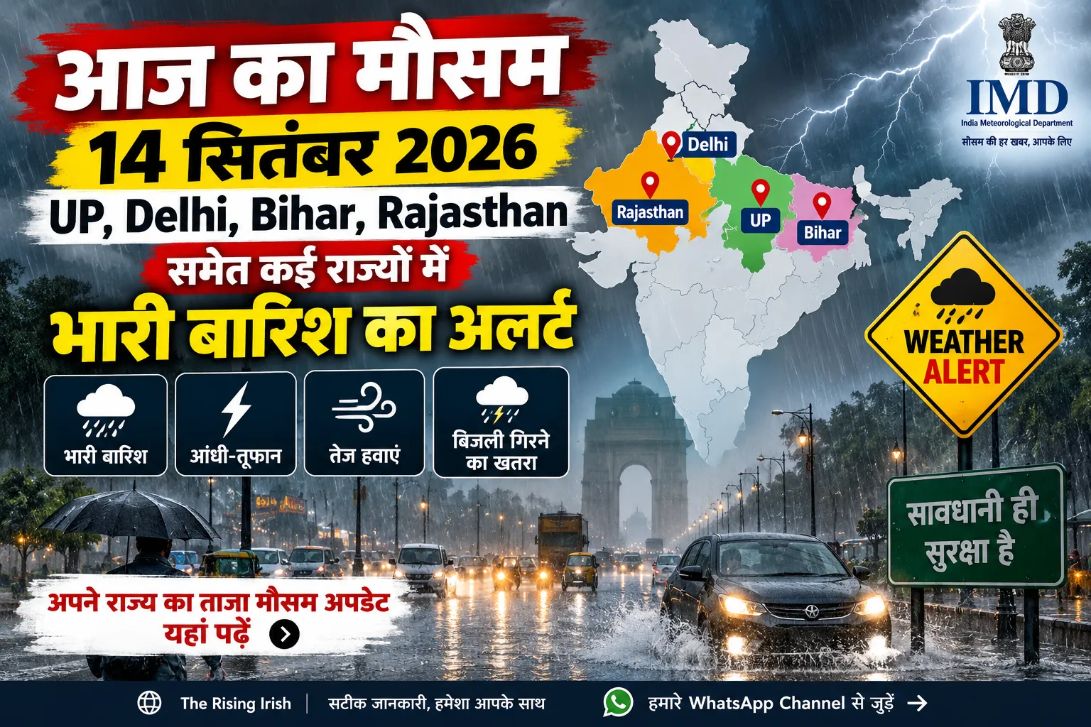Weather Alert Today 14 September 2026 Delhi Rajasthan heavy rain UP Bihar thunderstorm lightning alert