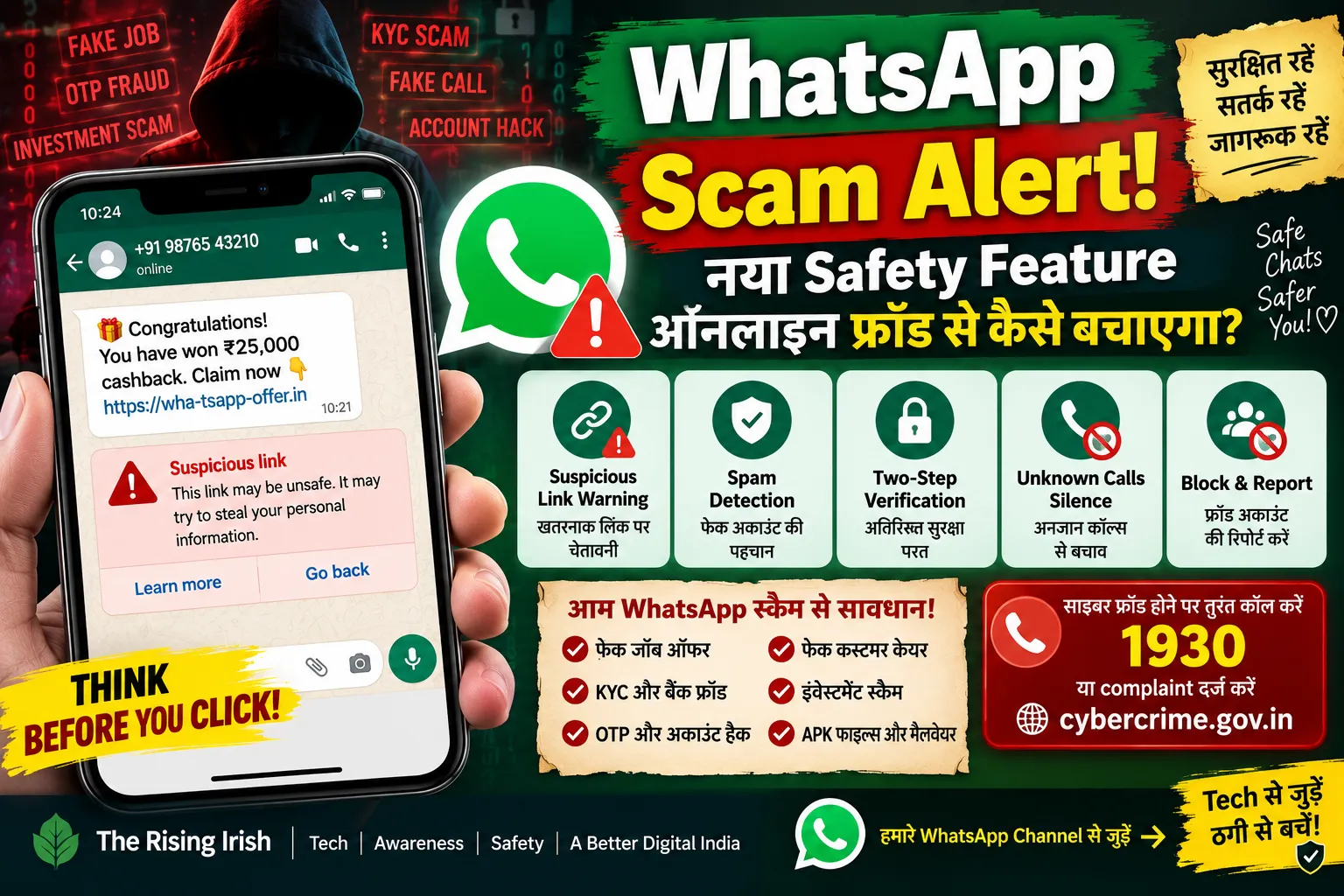 WhatsApp Scam Alert 2026, suspicious link warning, spam detection, two-step verification और online fraud से बचाव