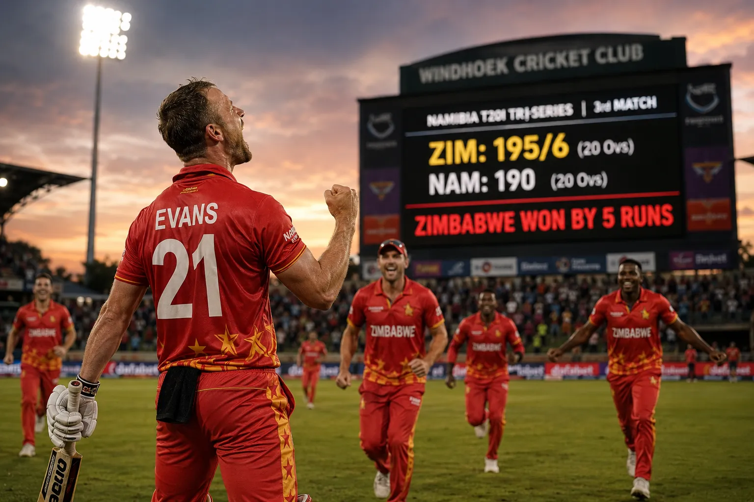 Brad Evans celebrating Zimbabwe's 5-run victory against Namibia with scoreboard showing ZIM 195/6 and NAM 190 at Windhoek Cricket Club.