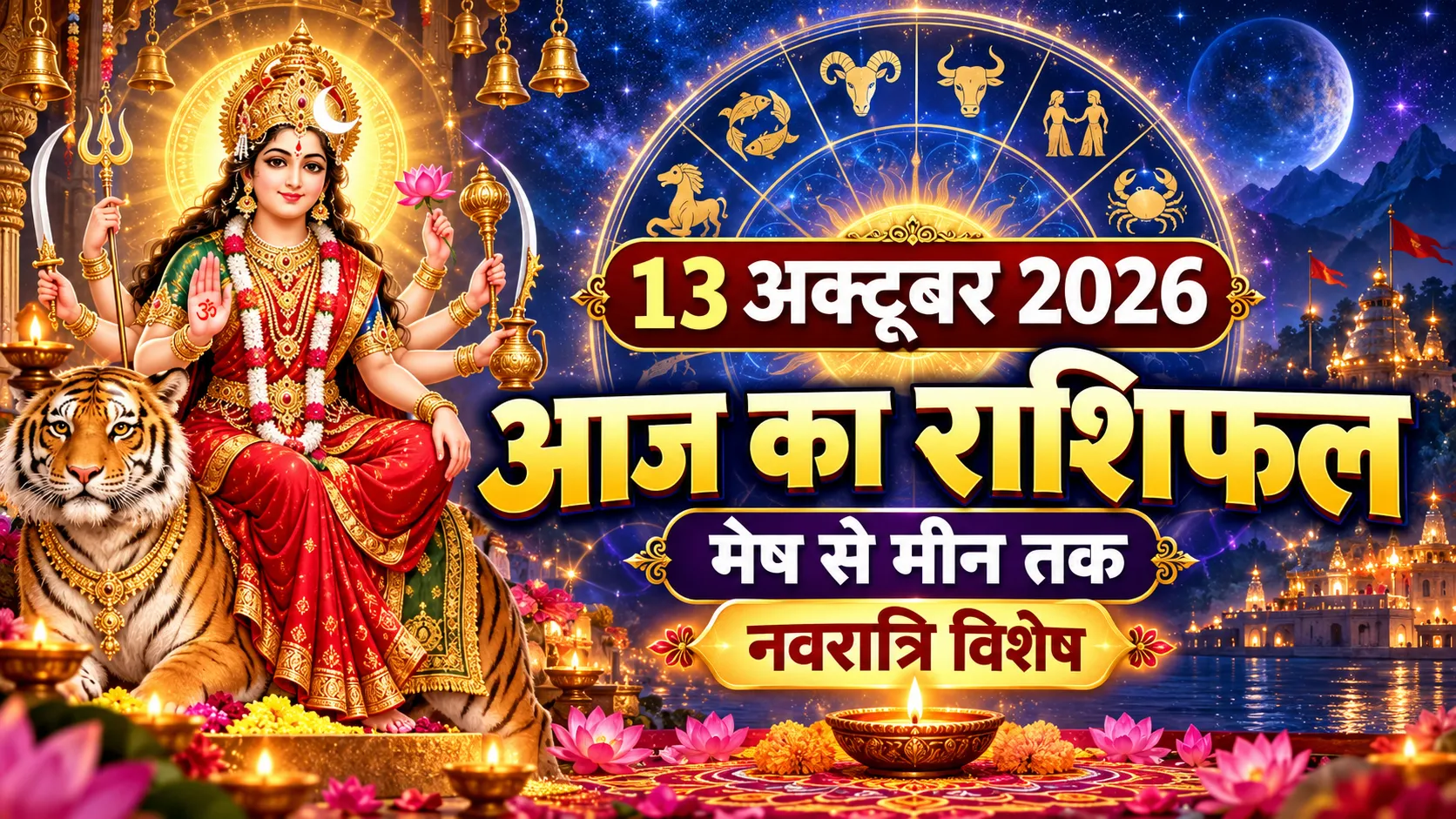 13 अक्टूबर 2026 राशिफल की featured image, जिसमें नवरात्रि विशेष, मां दुर्गा का स्वरूप, राशि चक्र और मेष से मीन तक आज का राशिफल दर्शाया गया है